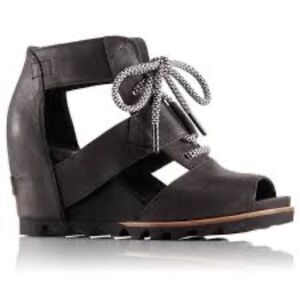 Sorel Joanne Black Leather Lace Up Open-Toe Wedge‎ Booties Sz 7.5